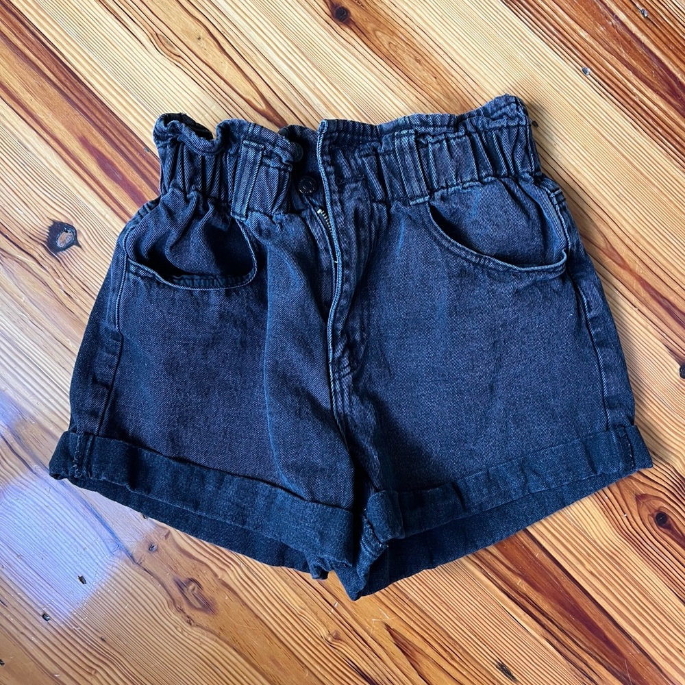 Black High-Rise Denim Paper Bag Shorts